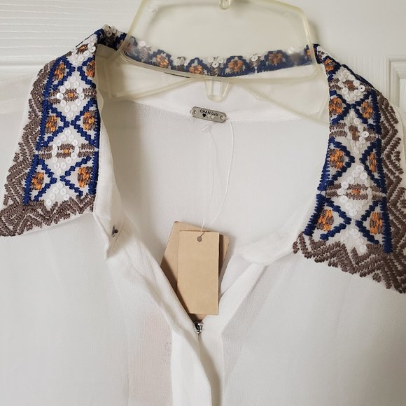 Chan Luu Tops - Chan Luu White and Blue Embroidered Blouse NWT Size S/M
